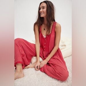 Free People Intimately Red Textured Wide-Leg Pajama Jumpsuit